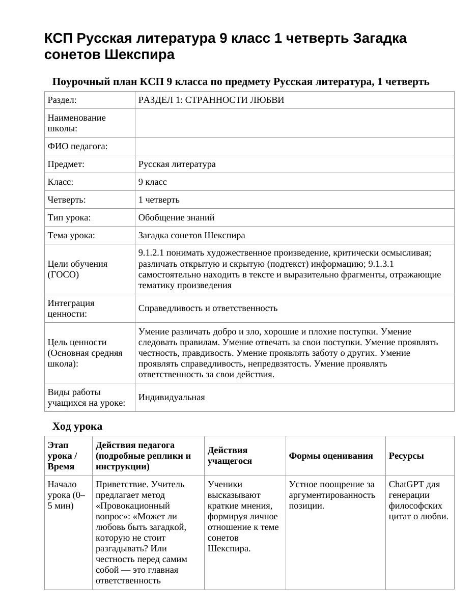 КСП Русская литература 9 класс 1 четверть Загадка сонетов Шекспира