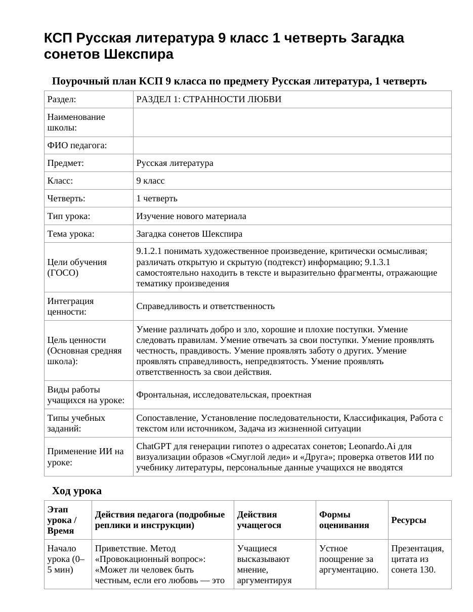 КСП Русская литература 9 класс 1 четверть Загадка сонетов Шекспира