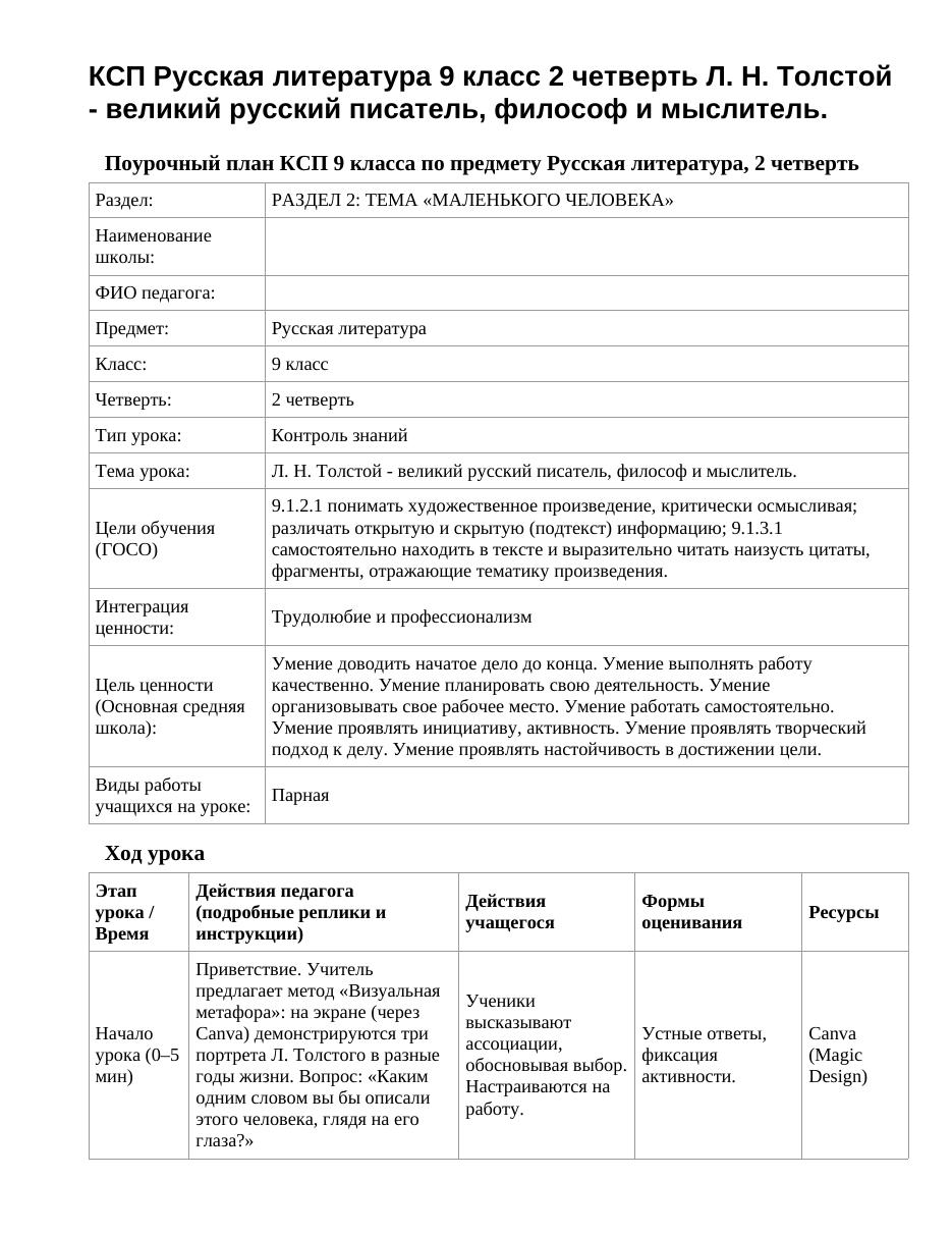 КСП Русская литература 9 класс 2 четверть Л. Н. Толстой - великий русский писатель, философ и мыслитель.