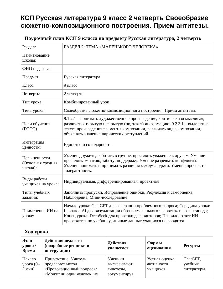 КСП Русская литература 9 класс 2 четверть Своеобразие сюжетно-композиционного построения. Прием антитезы.