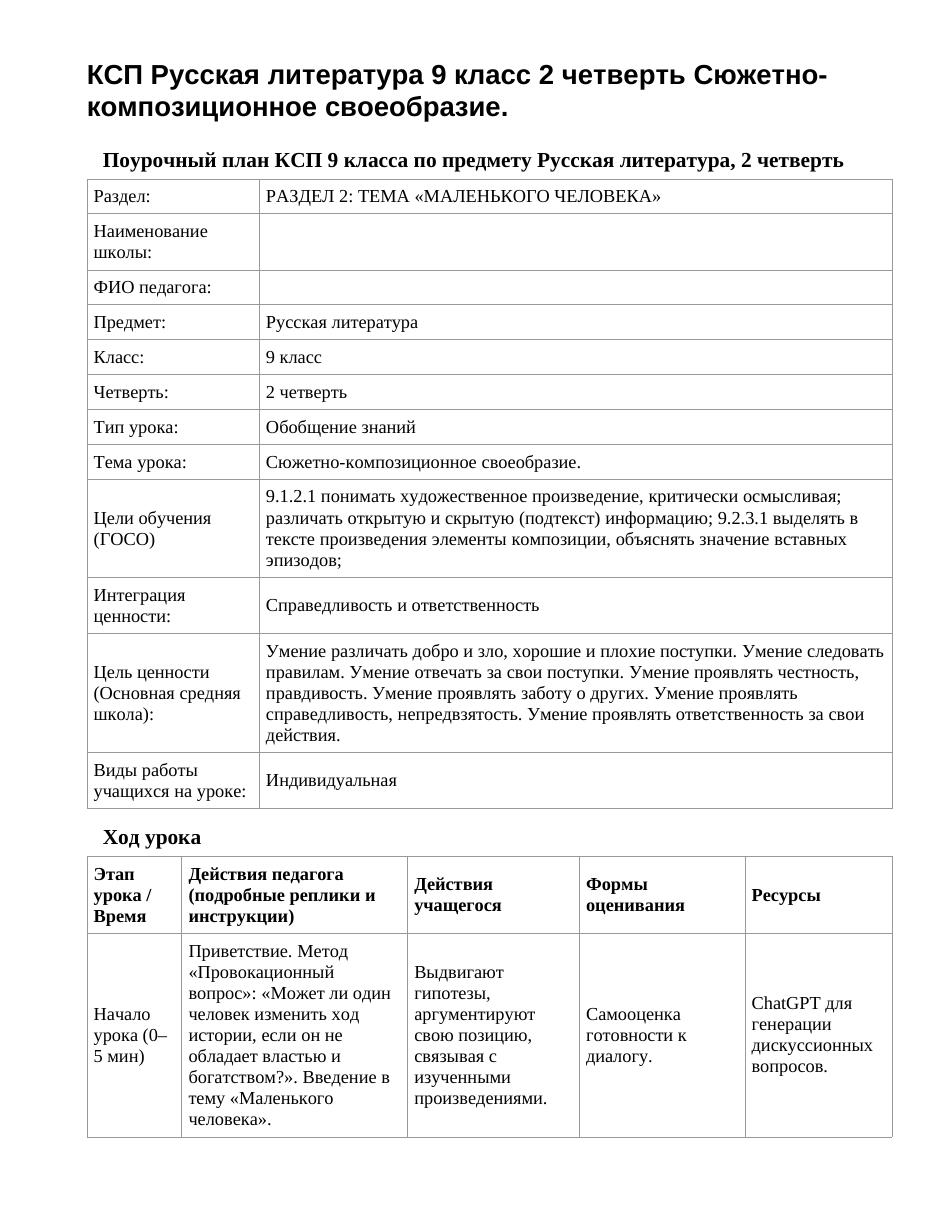 КСП Русская литература 9 класс 2 четверть Сюжетно-композиционное своеобразие.