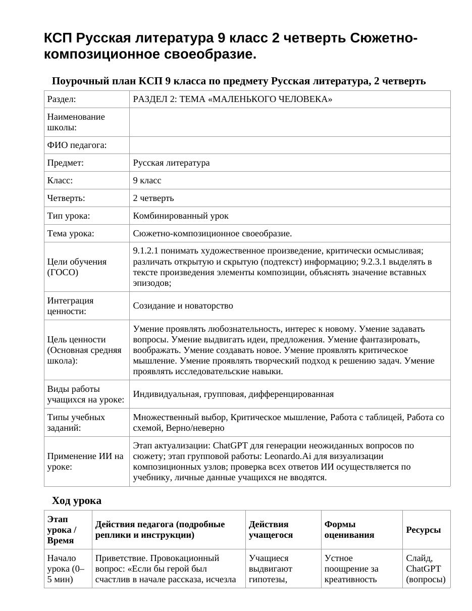 КСП Русская литература 9 класс 2 четверть Сюжетно-композиционное своеобразие.