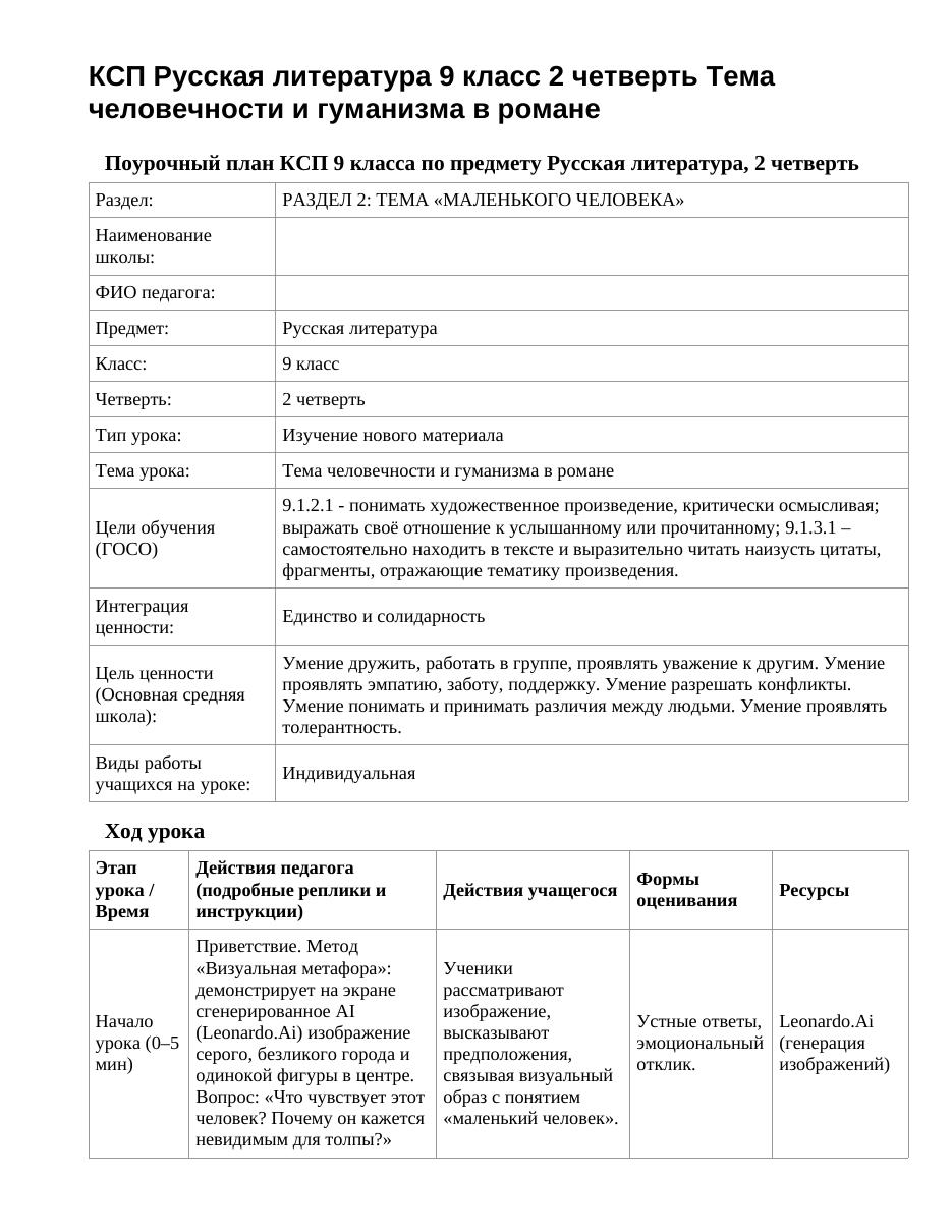 КСП Русская литература 9 класс 2 четверть Тема человечности и гуманизма в романе