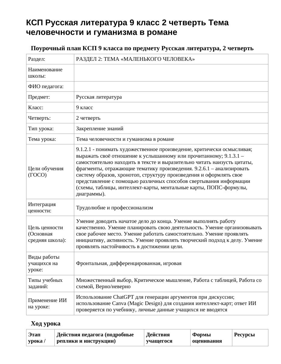 КСП Русская литература 9 класс 2 четверть Тема человечности и гуманизма в романе