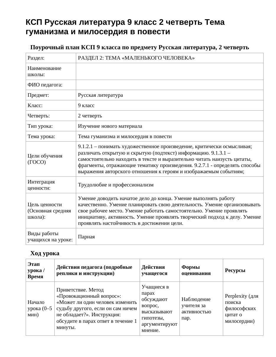 КСП Русская литература 9 класс 2 четверть Тема гуманизма и милосердия в повести