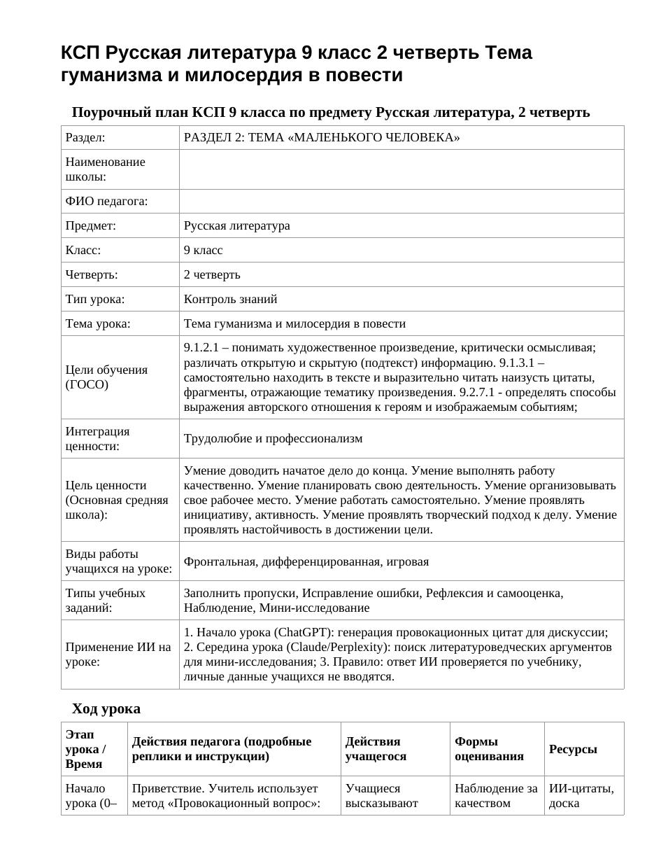 КСП Русская литература 9 класс 2 четверть Тема гуманизма и милосердия в повести