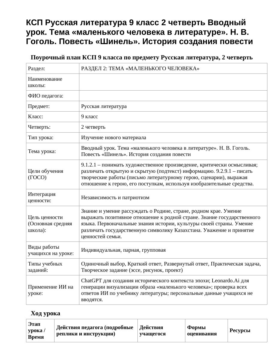КСП Русская литература 9 класс 2 четверть Вводный урок. Тема «маленького человека в литературе». Н. В. Гоголь. Повесть «Шинель». История создания повести
