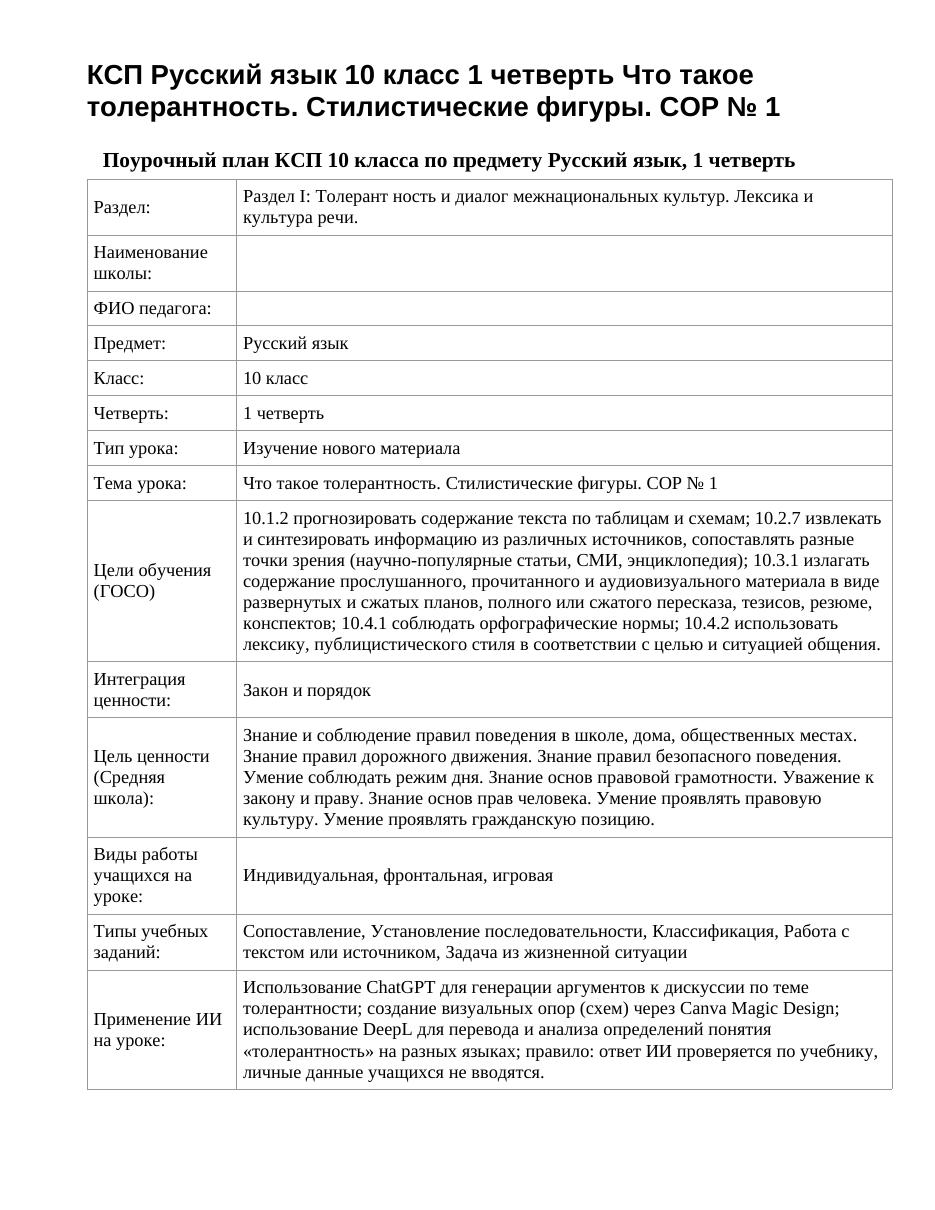 КСП Русский язык 10 класс 1 четверть Что такое толерантность. Стилистические фигуры. СОР № 1