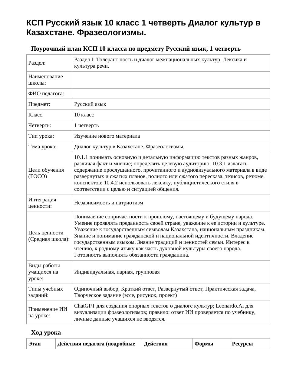 КСП Русский язык 10 класс 1 четверть Диалог культур в Казахстане. Фразеологизмы.