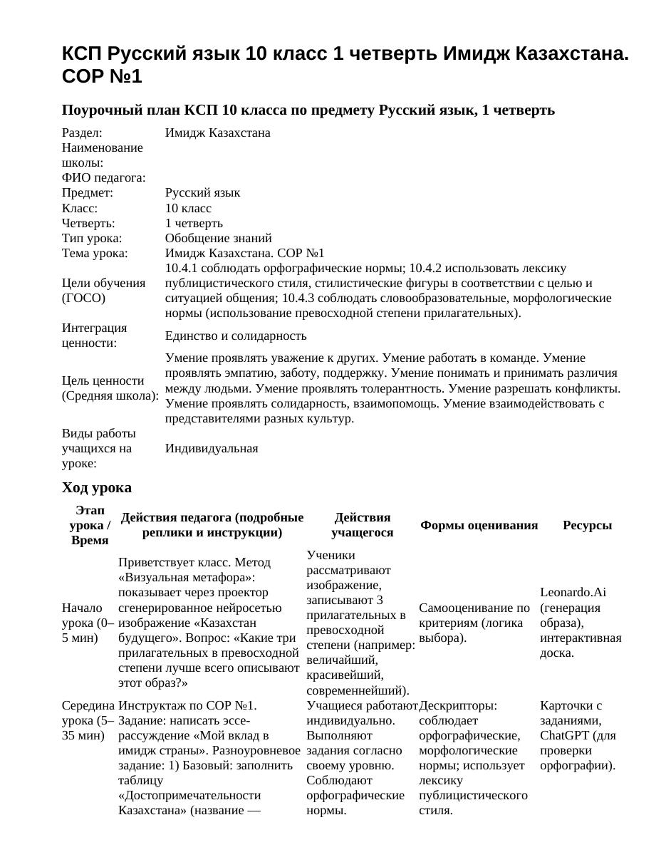 КСП Русский язык 10 класс 1 четверть Имидж Казахстана. СОР №1