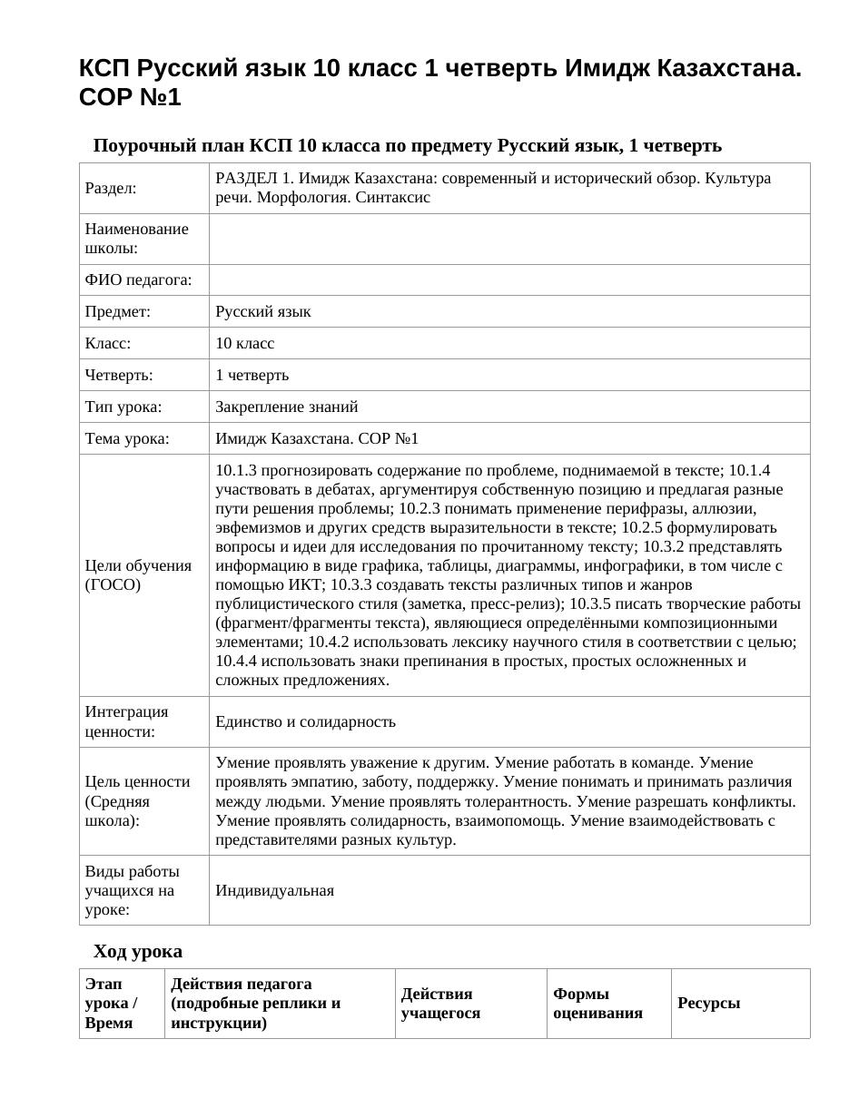КСП Русский язык 10 класс 1 четверть Имидж Казахстана. СОР №1