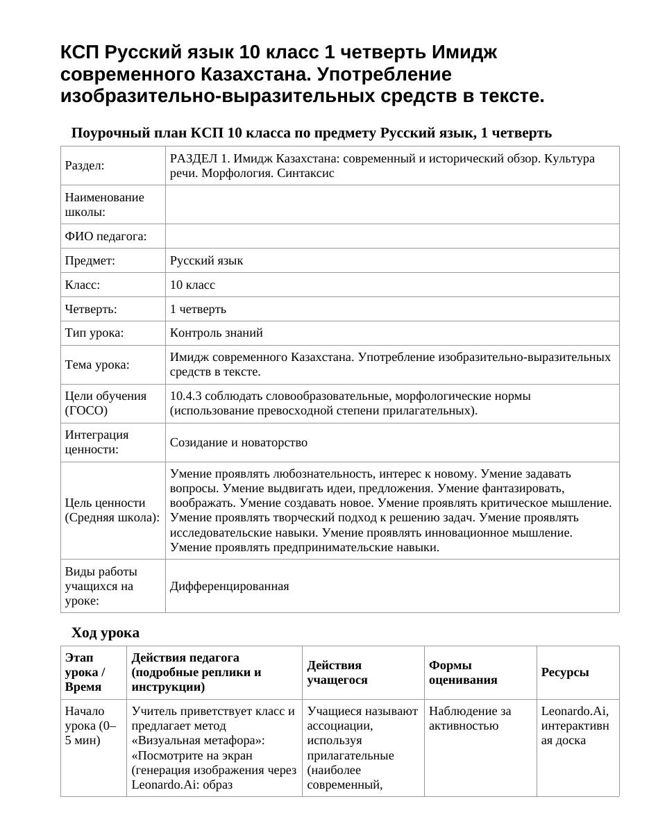 КСП Русский язык 10 класс 1 четверть Имидж современного Казахстана. Употребление изобразительно-выразительных средств в тексте.
