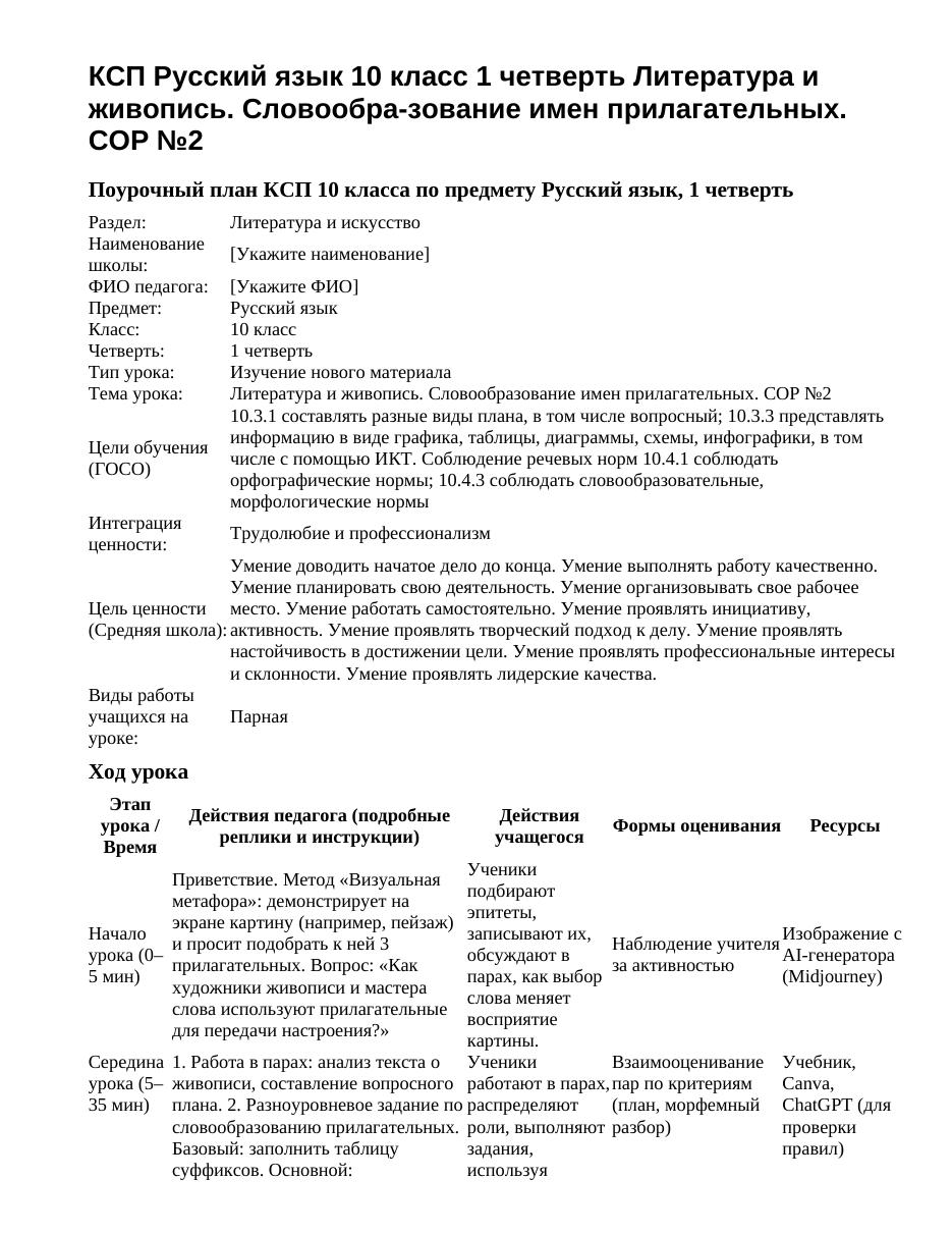 КСП Русский язык 10 класс 1 четверть Литература и живопись. Словообра-зование имен прилагательных. СОР №2