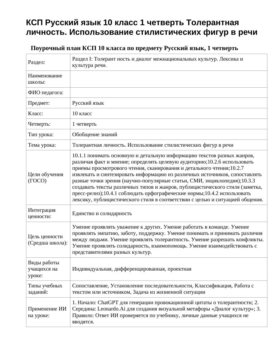 КСП Русский язык 10 класс 1 четверть Толерантная личность. Использование стилистических фигур в речи