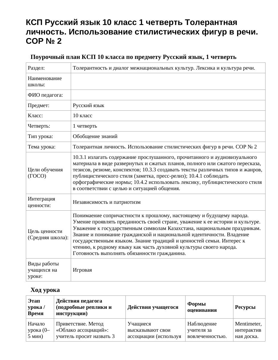 КСП Русский язык 10 класс 1 четверть Толерантная личность. Использование стилистических фигур в речи. СОР № 2