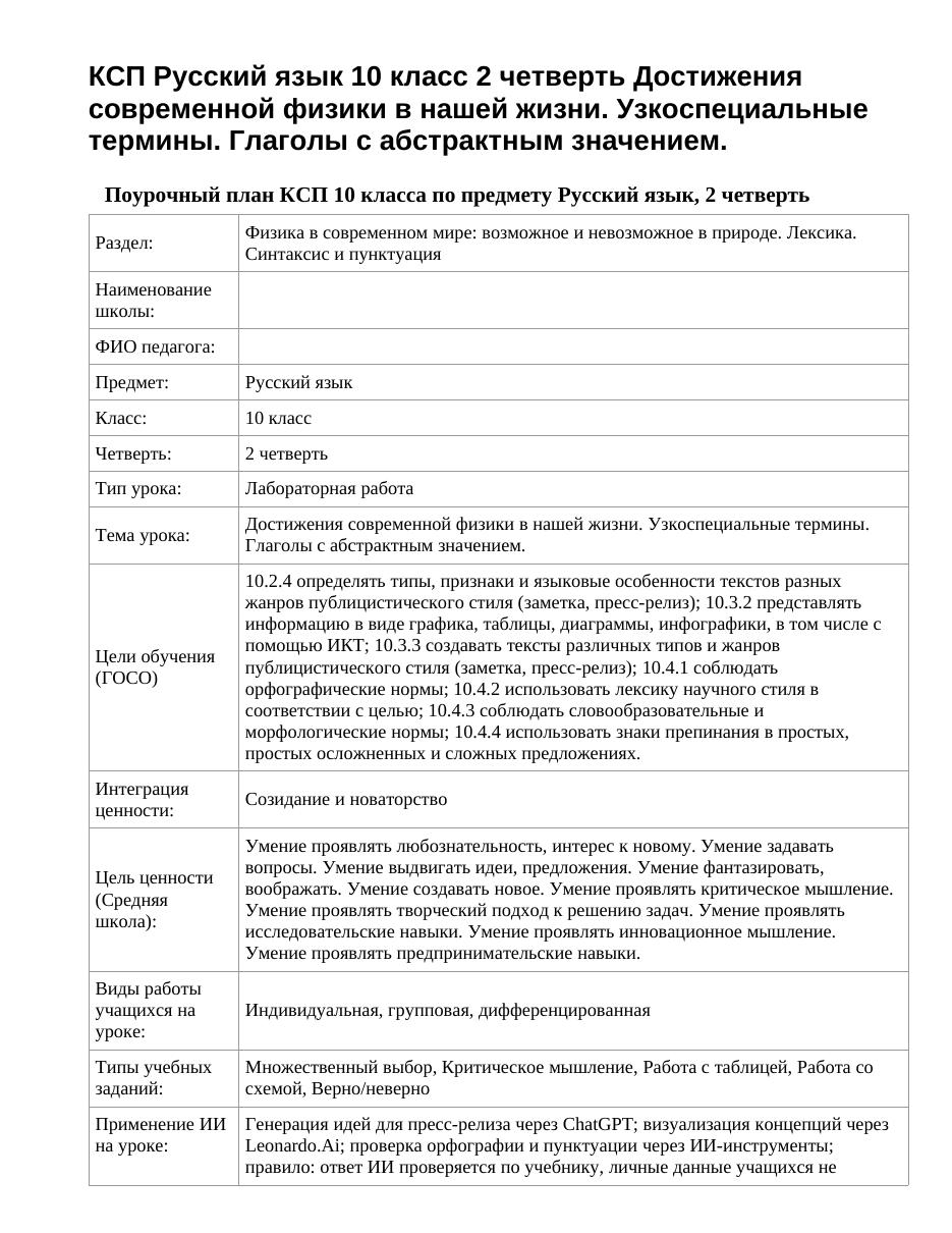 КСП Русский язык 10 класс 2 четверть Достижения современной физики в нашей жизни. Узкоспециальные термины. Глаголы с абстрактным значением.