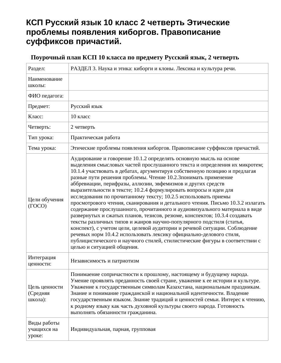КСП Русский язык 10 класс 2 четверть Этические проблемы появления киборгов. Правописание суффиксов причастий.