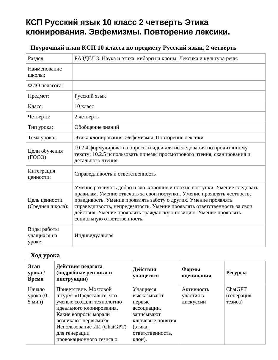 КСП Русский язык 10 класс 2 четверть Этика клонирования. Эвфемизмы. Повторение лексики.