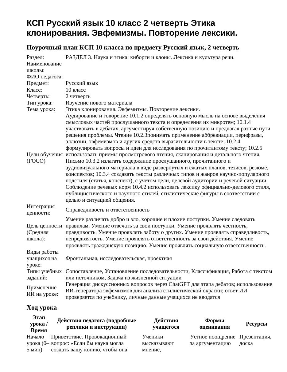 КСП Русский язык 10 класс 2 четверть Этика клонирования. Эвфемизмы. Повторение лексики.
