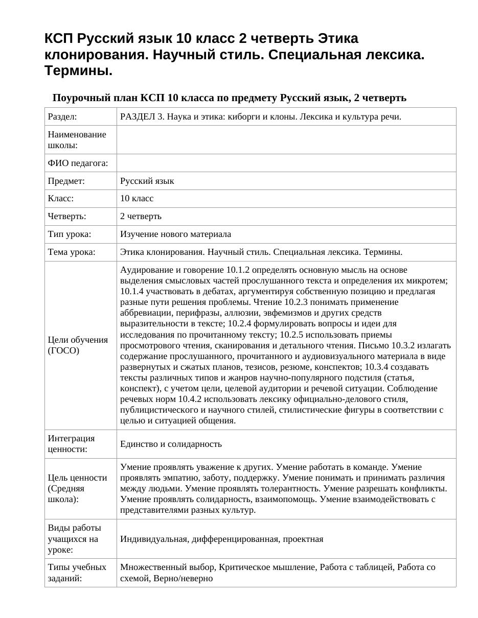 КСП Русский язык 10 класс 2 четверть Этика клонирования. Научный стиль. Специальная лексика. Термины.