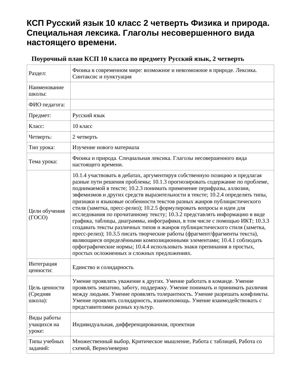КСП Русский язык 10 класс 2 четверть Физика и природа. Специальная лексика. Глаголы несовершенного вида настоящего времени.