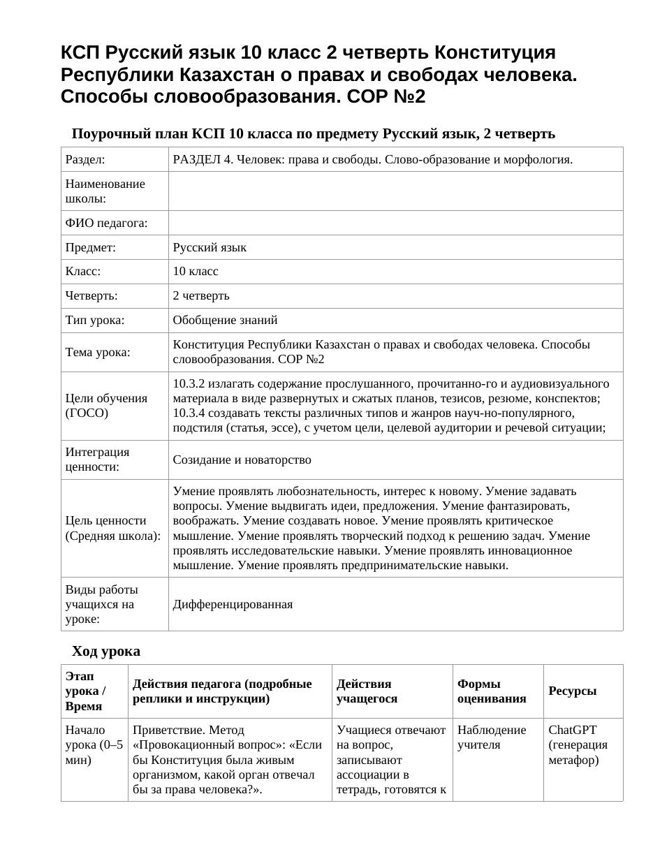 КСП Русский язык 10 класс 2 четверть Конституция Республики Казахстан о правах и свободах человека. Способы словообразования. СОР №2
