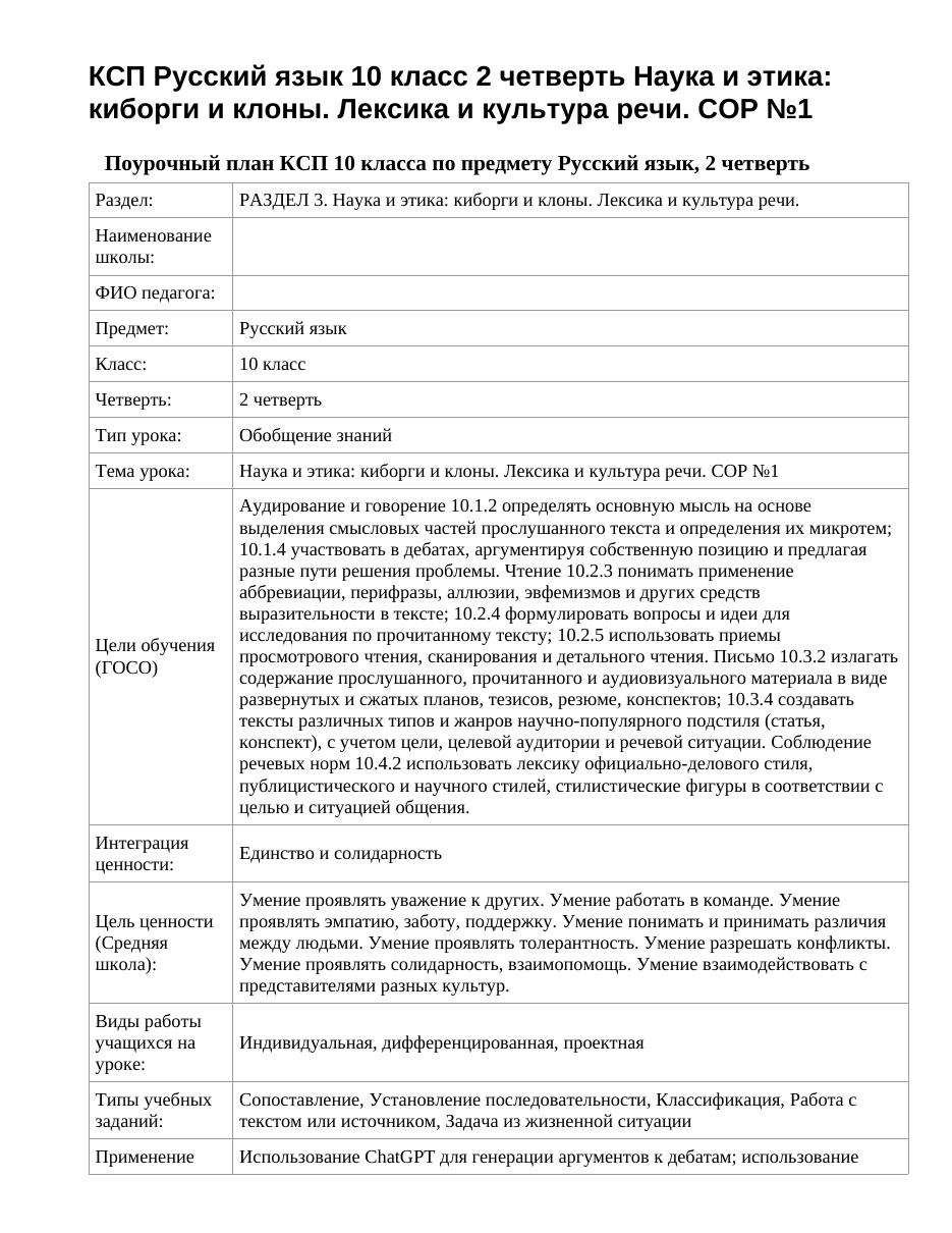 КСП Русский язык 10 класс 2 четверть Наука и этика: киборги и клоны. Лексика и культура речи. СОР №1