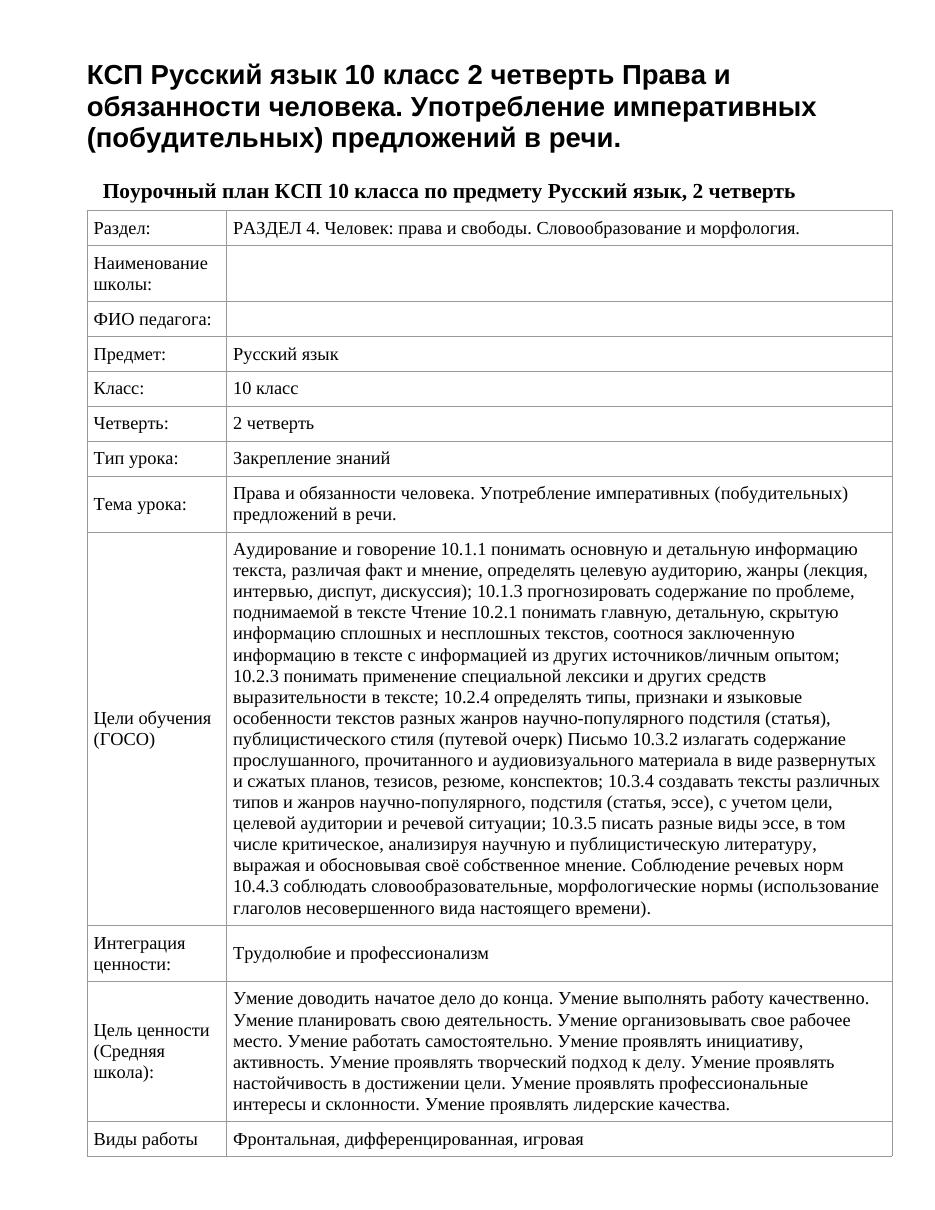 КСП Русский язык 10 класс 2 четверть Права и обязанности человека. Употребление императивных (побудительных) предложений в речи.