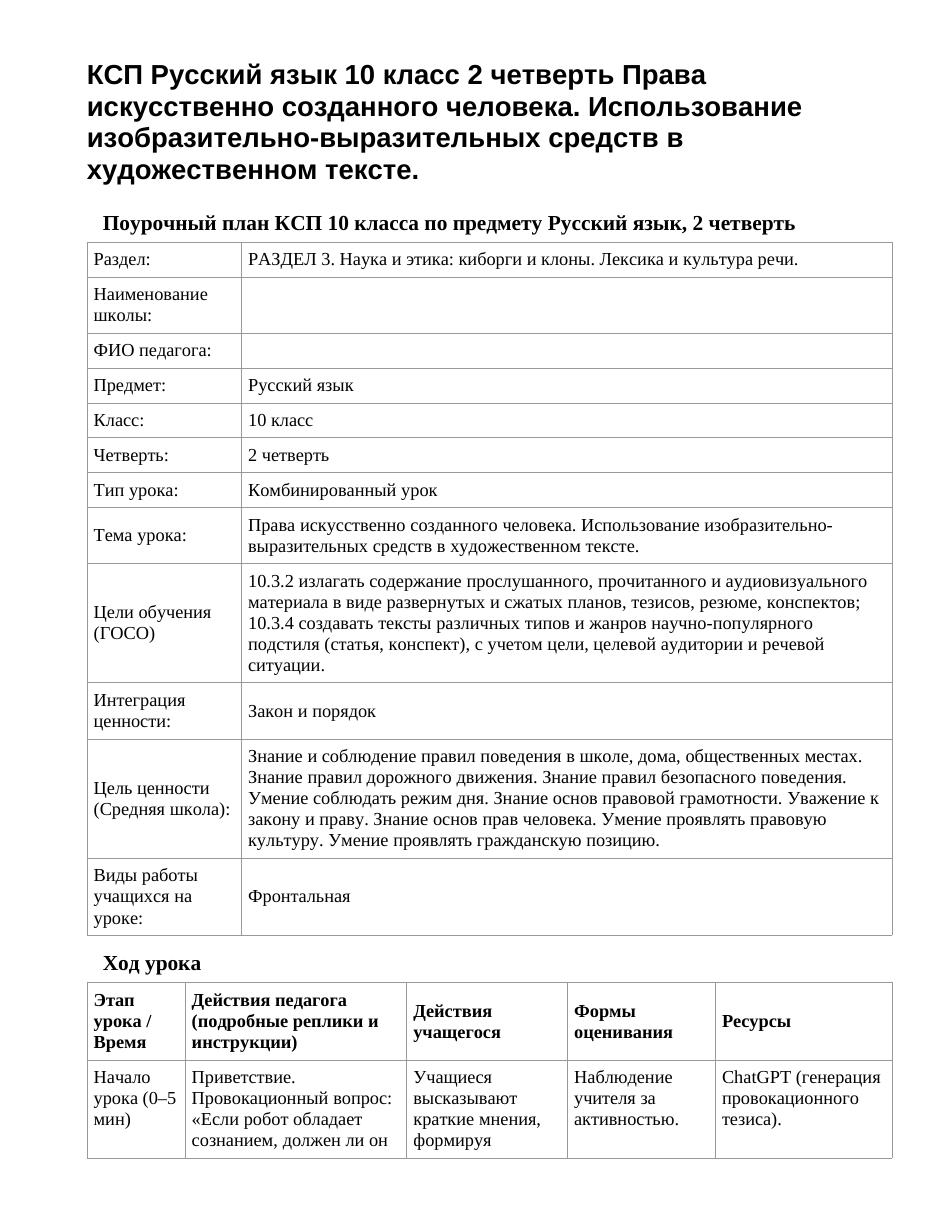 КСП Русский язык 10 класс 2 четверть Права искусственно созданного человека. Использование изобразительно-выразительных средств в художественном тексте.