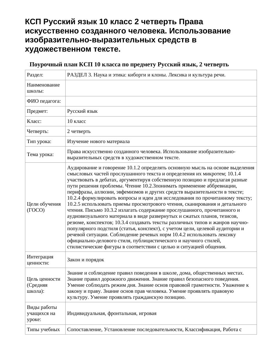 КСП Русский язык 10 класс 2 четверть Права искусственно созданного человека. Использование изобразительно-выразительных средств в художественном тексте.