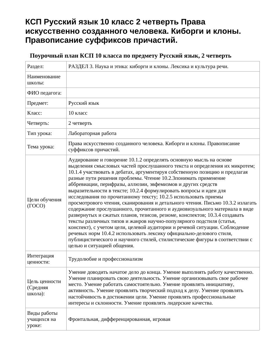 КСП Русский язык 10 класс 2 четверть Права искусственно созданного человека. Киборги и клоны. Правописание суффиксов причастий.
