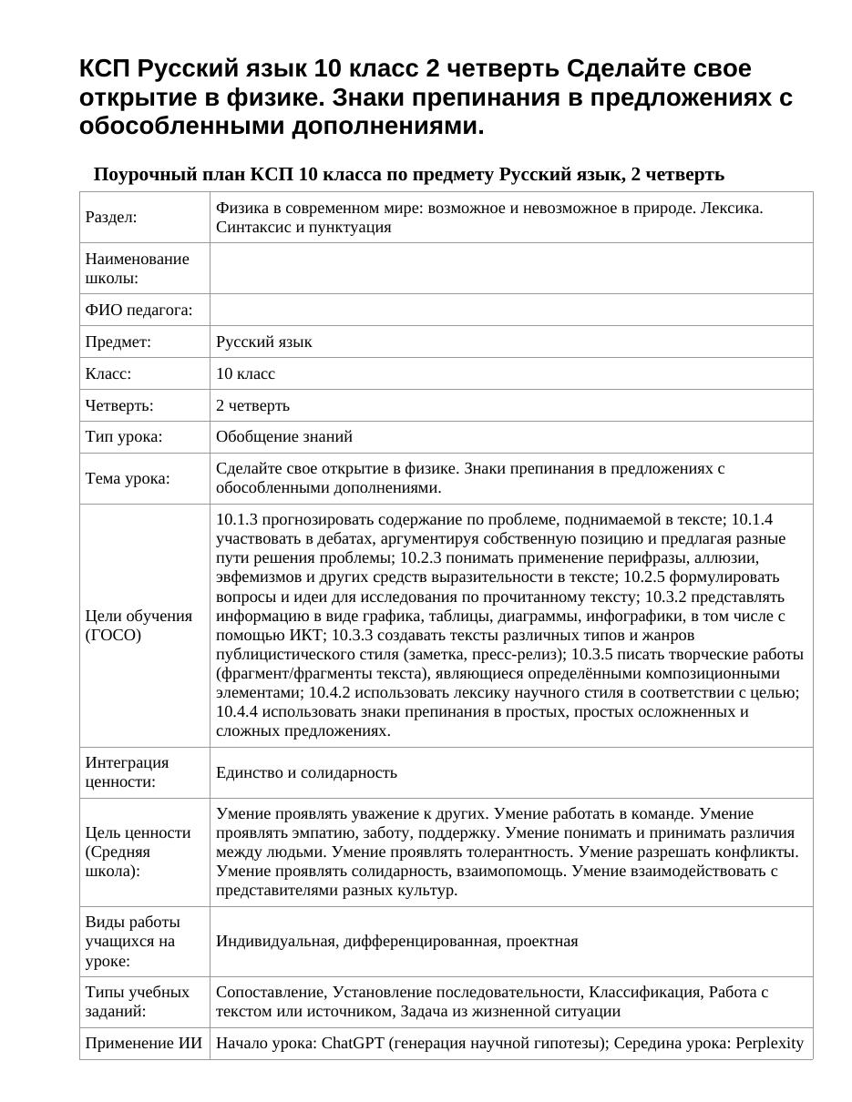 КСП Русский язык 10 класс 2 четверть Сделайте свое открытие в физике. Знаки препинания в предложениях с обособленными дополнениями.