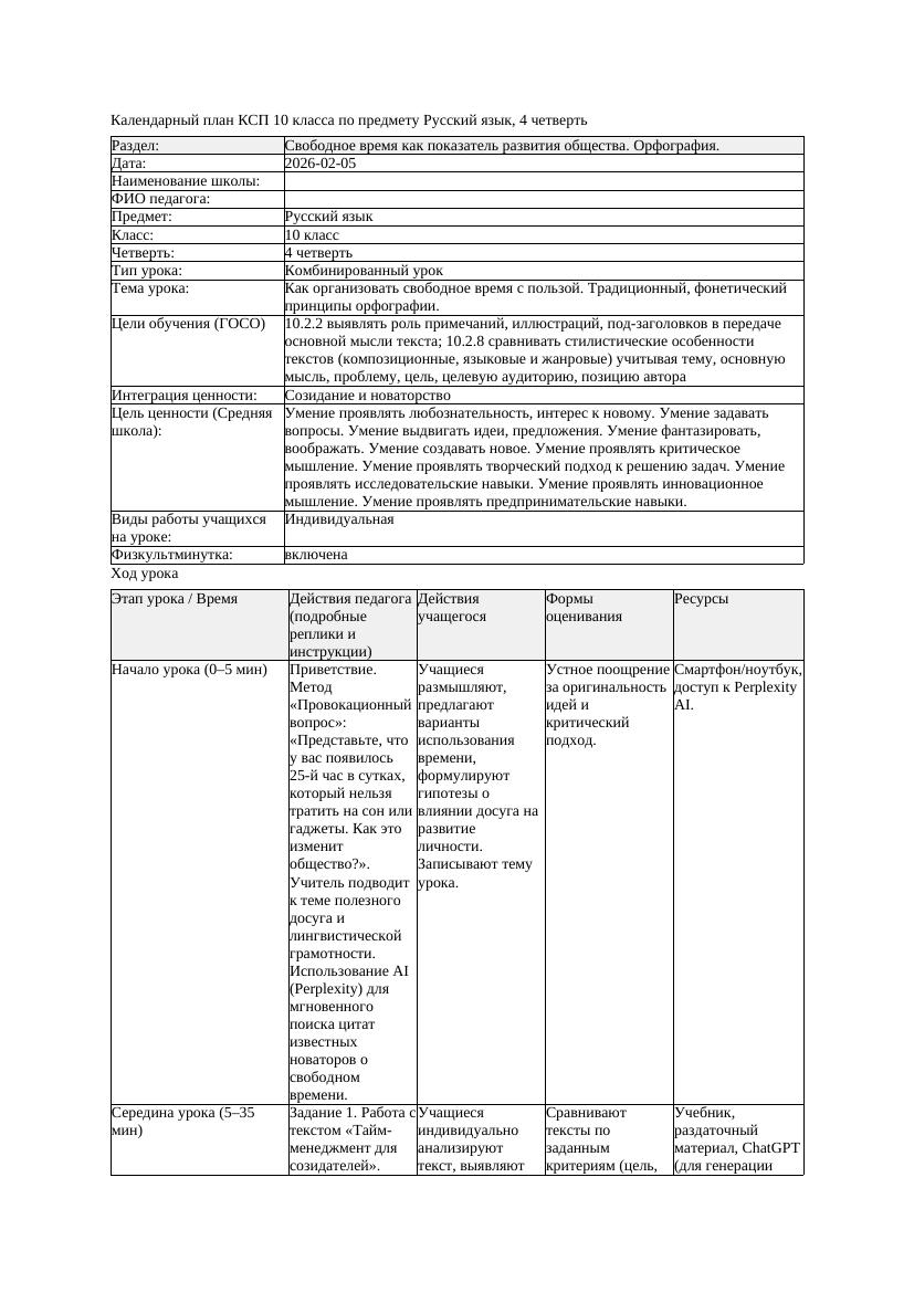 КСП Русский язык 10класс ОГН 4четверть Как организовать свободное