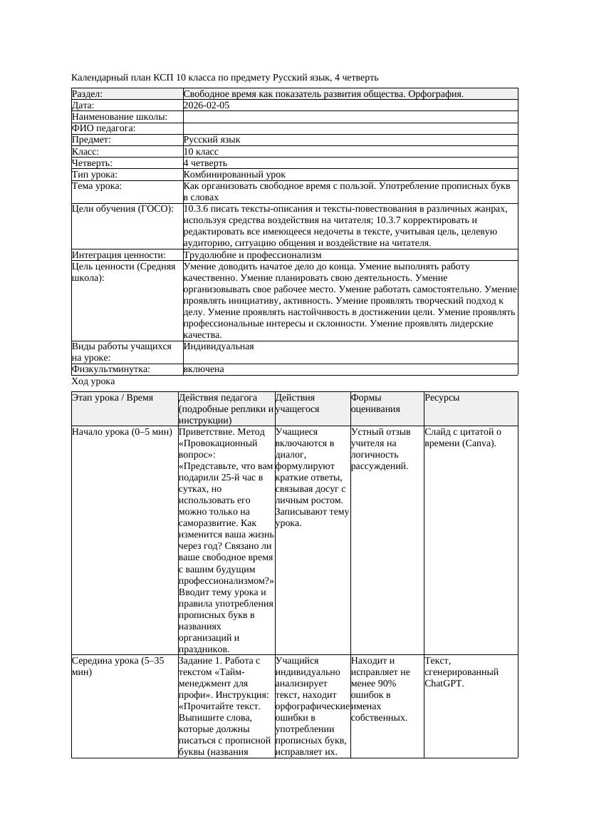 КСП Русский язык 10класс ОГН 4четверть Как организовать свободное