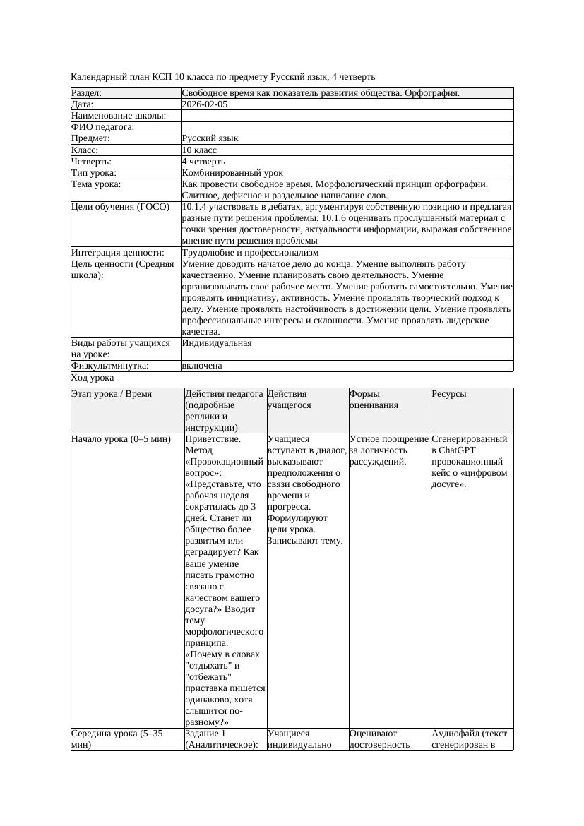 КСП Русский язык 10класс ОГН 4четверть Как провести свободное время