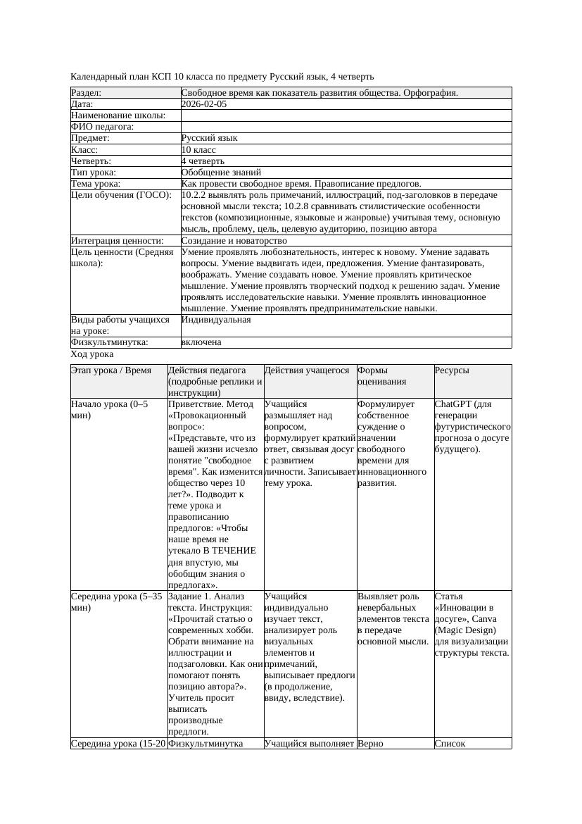 КСП Русский язык 10класс ОГН 4четверть Как провести свободное время