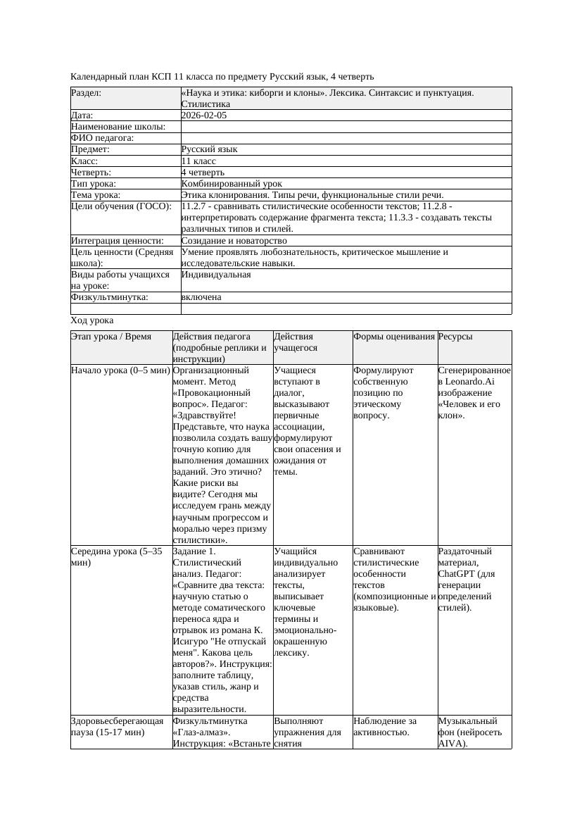 КСП Русский язык 11клас ЕМН с 4четверть Этика клонирования Типы