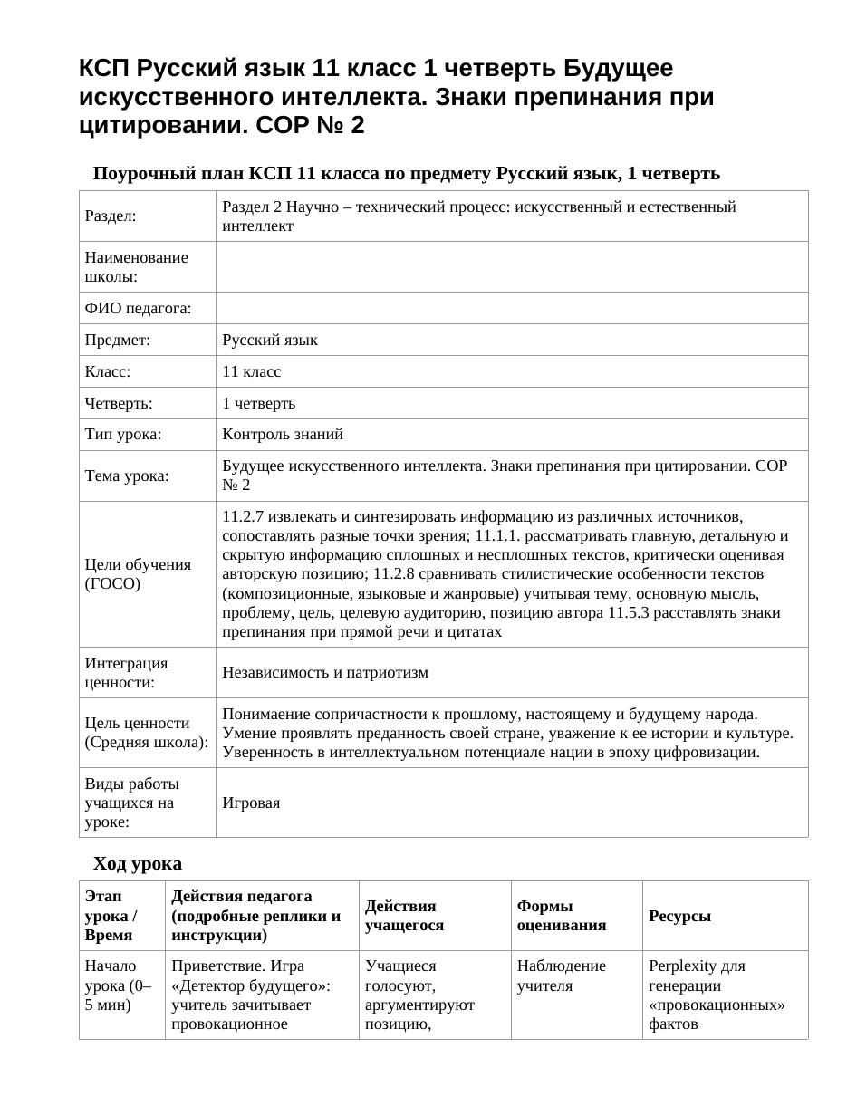 КСП Русский язык 11 класс 1 четверть Будущее искусственного интеллекта. Знаки препинания при цитировании. СОР № 2