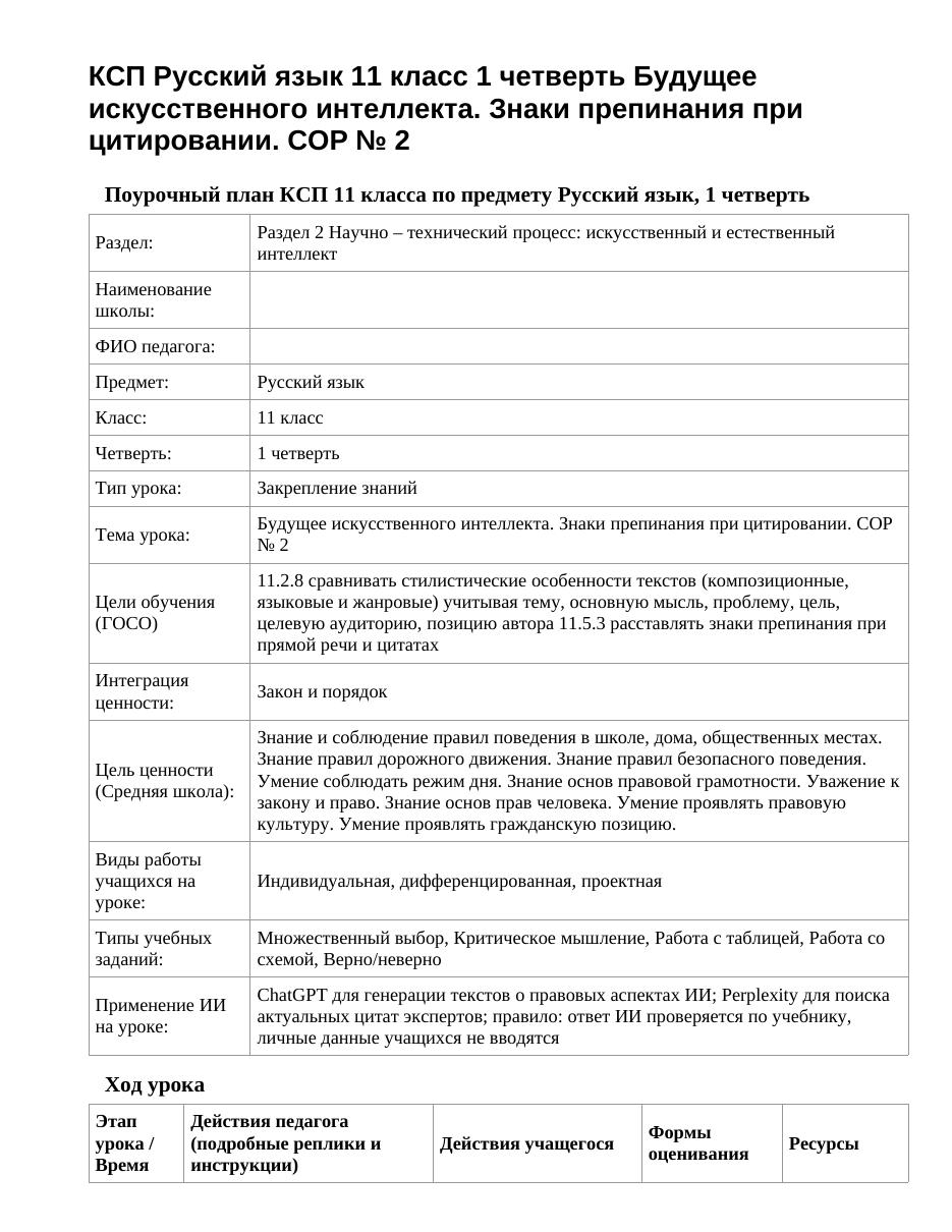 КСП Русский язык 11 класс 1 четверть Будущее искусственного интеллекта. Знаки препинания при цитировании. СОР № 2