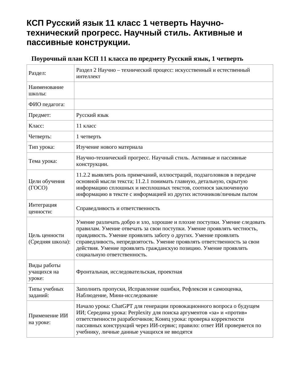 КСП Русский язык 11 класс 1 четверть Научно-технический прогресс. Научный стиль. Активные и пассивные конструкции.
