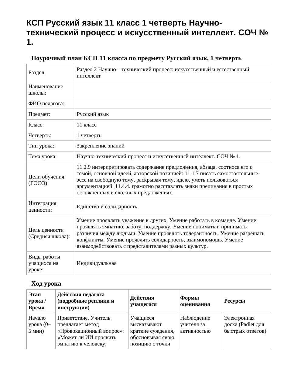 КСП Русский язык 11 класс 1 четверть Научно-технический процесс и искусственный интеллект. СОЧ № 1.
