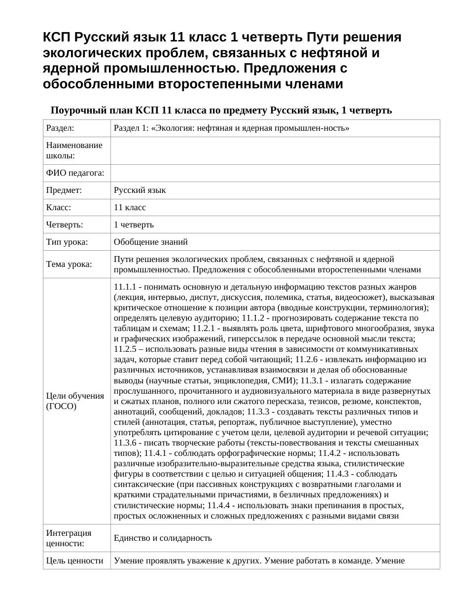 КСП Русский язык 11 класс 1 четверть Пути решения экологических проблем, связанных с нефтяной и ядерной промышленностью. Предложения с обособленными второстепенными членами