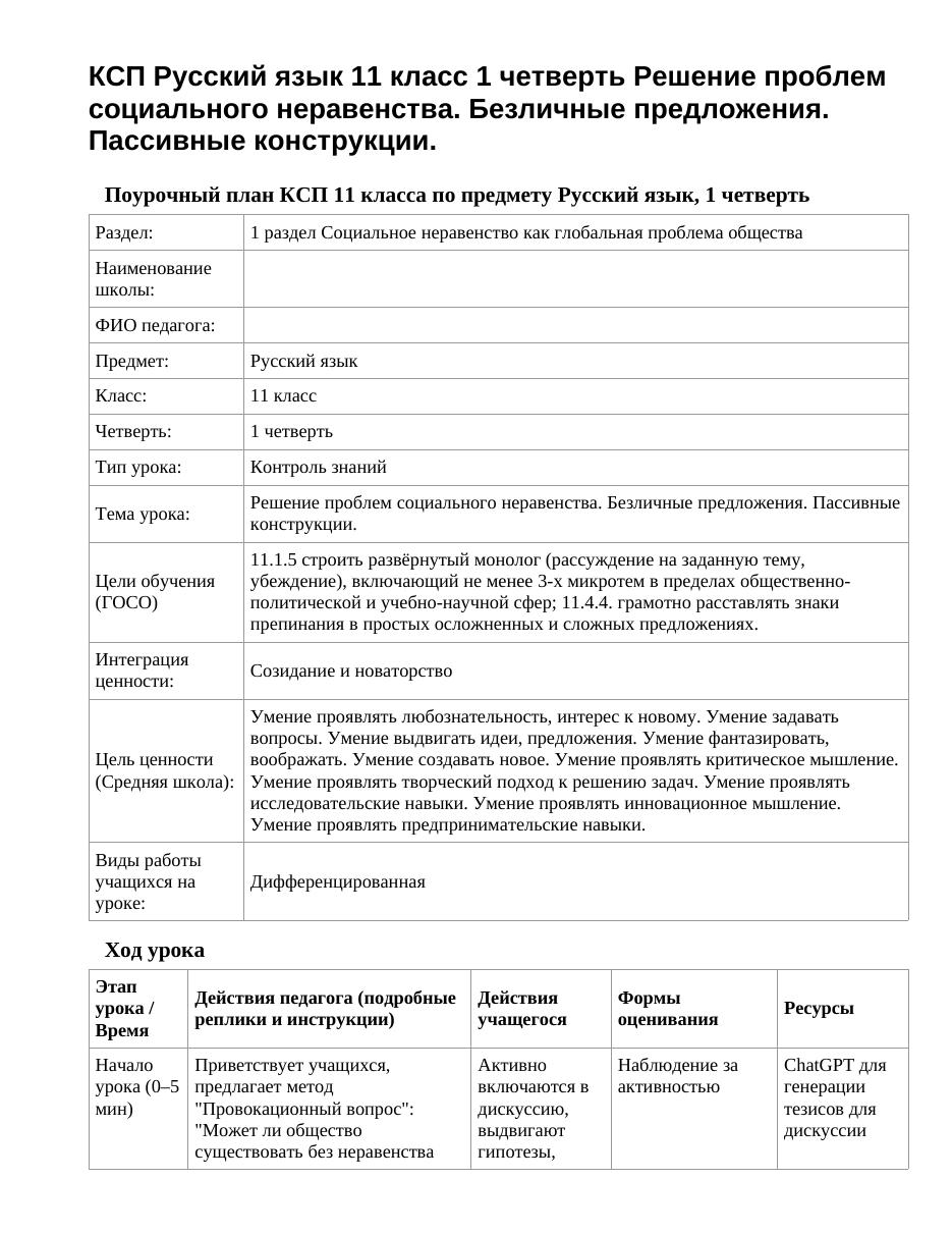 КСП Русский язык 11 класс 1 четверть Решение проблем социального неравенства. Безличные предложения. Пассивные конструкции.