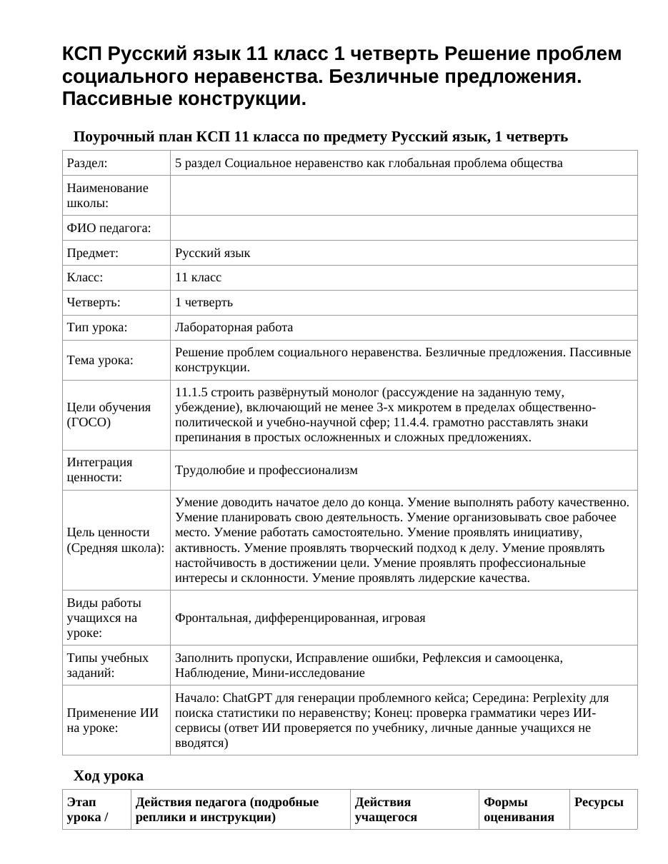 КСП Русский язык 11 класс 1 четверть Решение проблем социального неравенства. Безличные предложения. Пассивные конструкции.