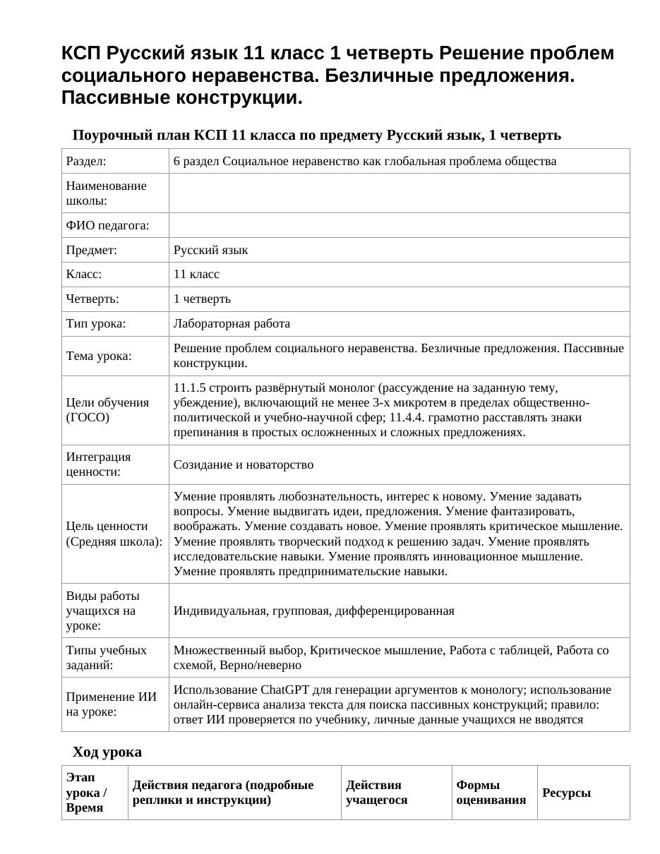 КСП Русский язык 11 класс 1 четверть Решение проблем социального неравенства. Безличные предложения. Пассивные конструкции.