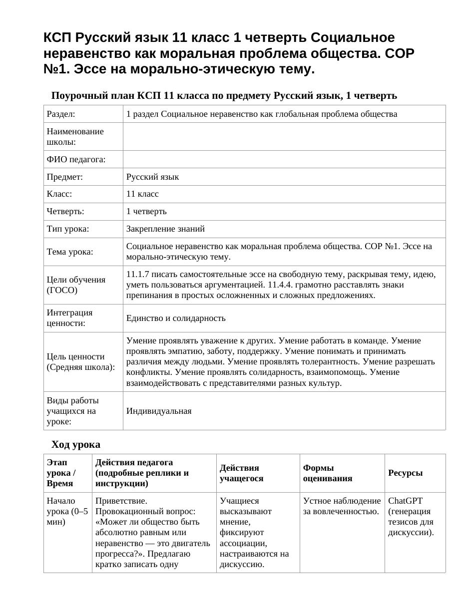 КСП Русский язык 11 класс 1 четверть Социальное неравенство как моральная проблема общества. СОР №1. Эссе на морально-этическую тему.