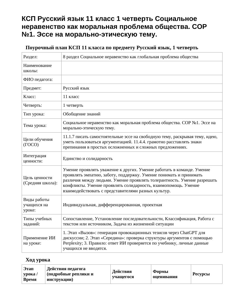 КСП Русский язык 11 класс 1 четверть Социальное неравенство как моральная проблема общества. СОР №1. Эссе на морально-этическую тему.