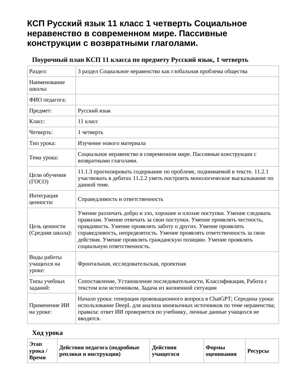 КСП Русский язык 11 класс 1 четверть Социальное неравенство в современном мире. Пассивные конструкции с возвратными глаголами.