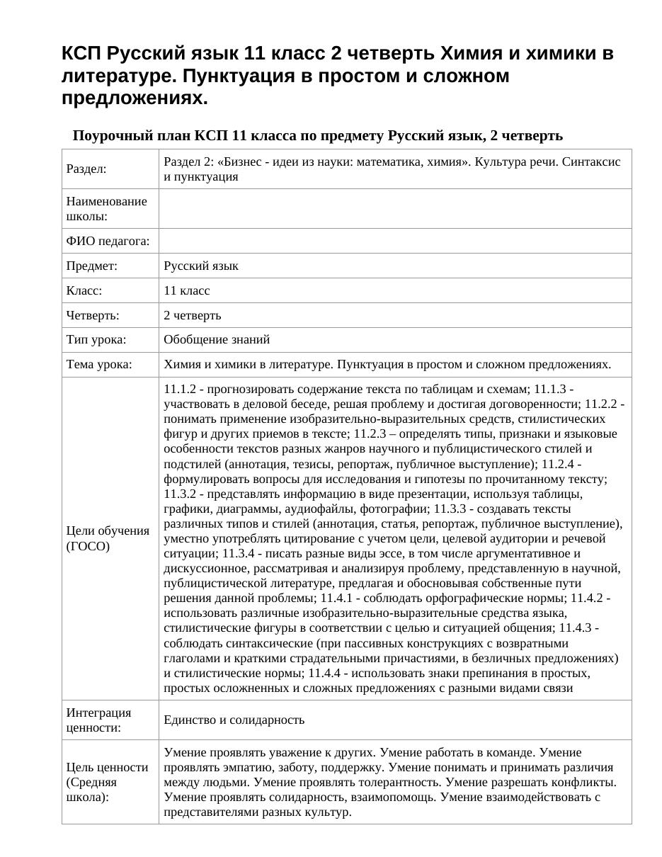 КСП Русский язык 11 класс 2 четверть Химия и химики в литературе. Пунктуация в простом и сложном предложениях.