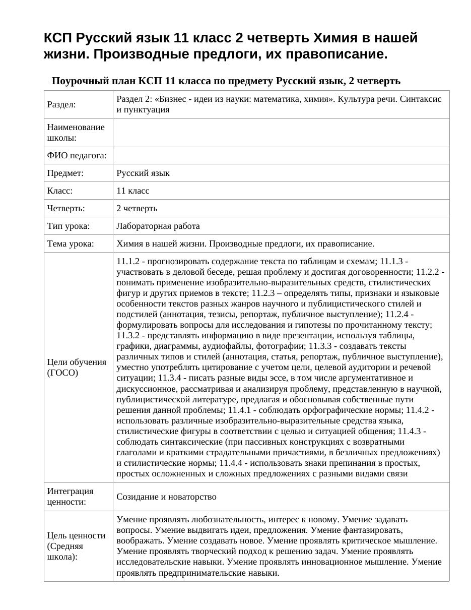 КСП Русский язык 11 класс 2 четверть Химия в нашей жизни. Производные предлоги, их правописание.